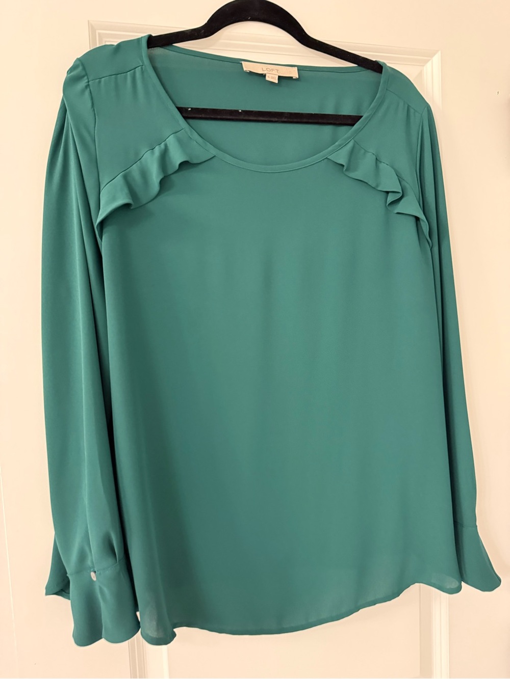 LOFT Teal Ruffle-Trim Long Sleeve Top